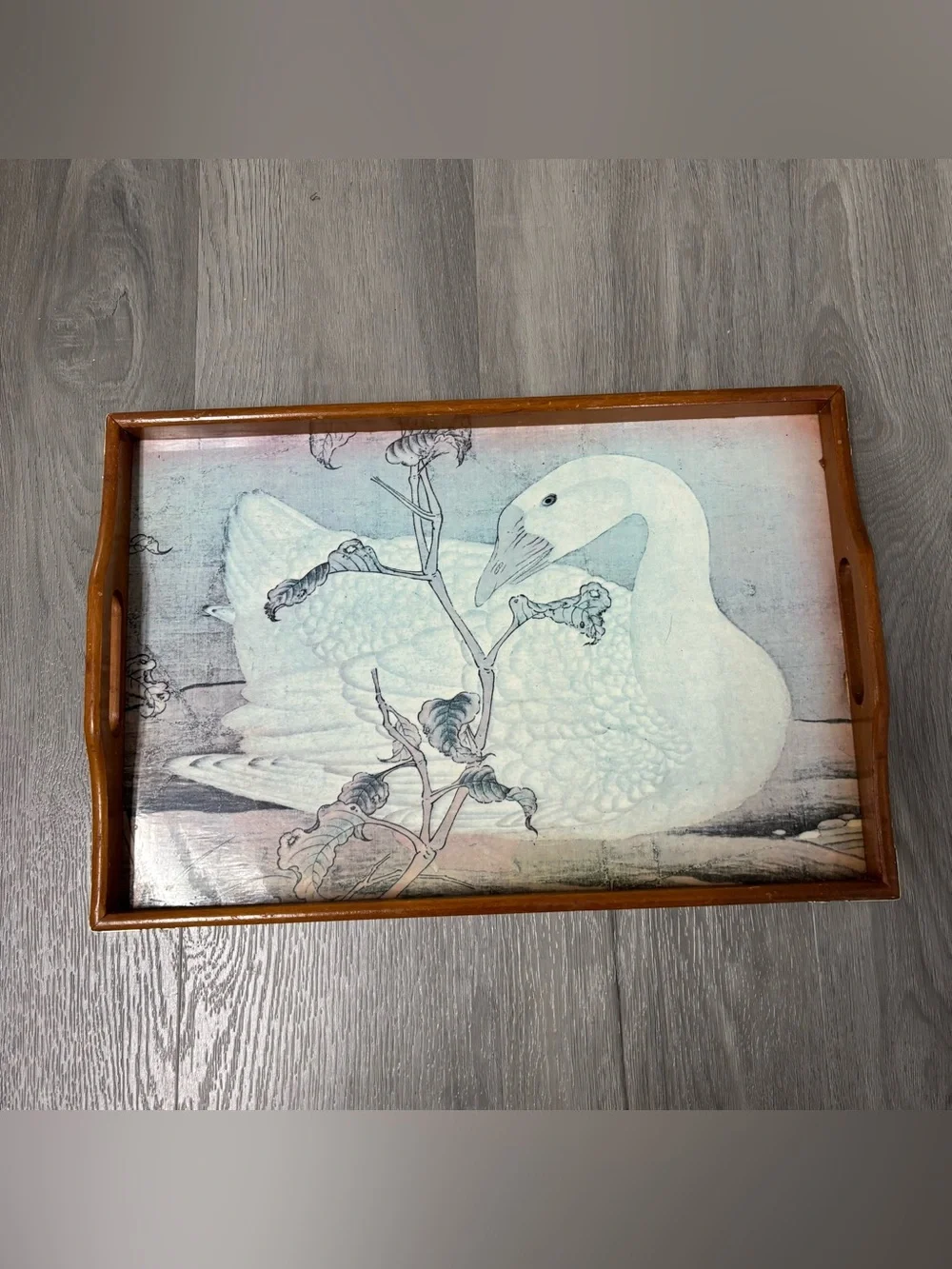 Vintage Cottage Core Farmhouse Wooden Swan Food Tray with Brass Handle Corners